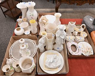 Five Tray Lots of Bellek, having green, brown, and new markings, to include vase, cornucopia, creamers, sugars, plates, dishes, etc.