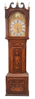 Jas Lawley English Tall Clock, in inlaid mahogany case, height 89 inches.