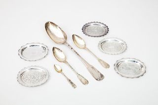 Continental Silver Large Serving Spoon and Two Soup Spoons, in the Fiddle Pattern, and a Russian Silver and Niello Spoon, Dated 1832