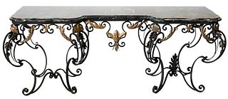 Marble and Iron Hall Table, having shaped marble top on double pedestal iron base, height 32 inches, top 21 x 78 inches.