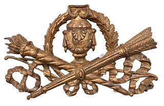 Carved and Giltwood Wall Architectural Pediment, having urn flanked by acanthus leaves above a torch crossed with a quiver of arrows and ribbon accent
