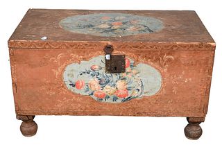 Continental Lift Top Chest, on ball feet having painted panels of flowers and birds, 18th century - early 19th century, height 18 1/2 inches, top 17 1
