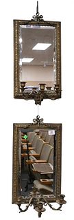Pair of 19th Century Bronze Mirrored Wall Sconces, rectangular with three armed candle holders, beveled glass, 12" x 19".