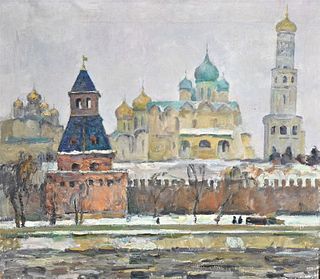 Russian Cityscape, oil on canvas, unsigned, paper gallery label on back, 28" x 32".
