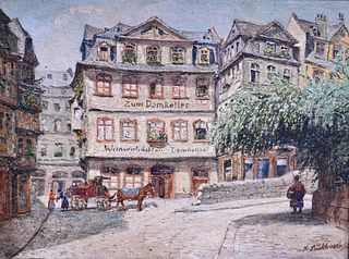 Karl Luckhardt (1886 - 1970), cobble street scene, oil on board, signed lower right K. Luckhardt, in a 19th century gilt frame, 8 1/2" x 11".