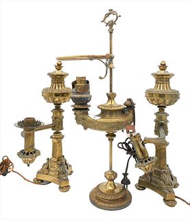 Three Piece Lot, to include a Clarkcoit Cargill New York Argand Lamp, having triangular base, column supports and decorative collars, with one arm, he
