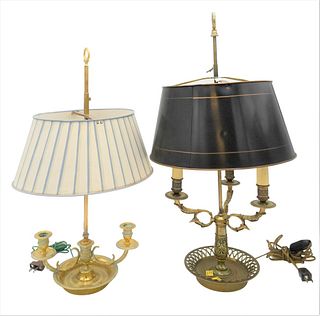 Two French Boulette Table Lamps, having adjustable tole shades, one having two candle holders and the other having three bird form brass arms and reti