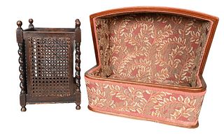 Two Piece Lot, to include mahogany and custom upholstered cat or small dog bed, plus caned oak waste paper basket, height 19 inches, width 21 1/2 inch