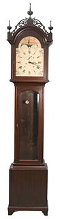 Mahogany E. Howard and Company Boston Tall Case Clock, having ship painted dial with weights and pendulum, height 98 1/2 inches, top 18 1/4 inches.