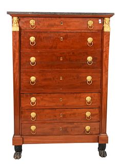 Mahogany Secretaire, having grey marble top over one drawer over drop front desk over four drawers, set on claw feet with bronze female heads, height 