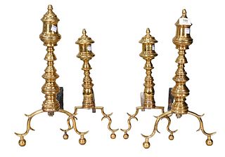 Two Pairs of Connecticut Federal Brass Andirons, having scrolled legs on ball feet, height 16 inches, 18 1/4 inches.