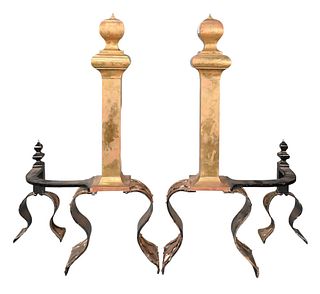 Arts & Crafts Andiron Fireplace Set, to include brass and copper andirons along with brass tools.