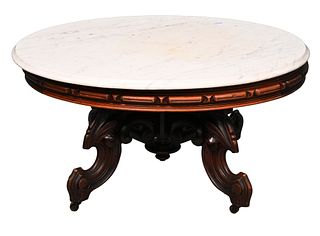 Brooks Victorian Walnut Marble Top Table, cut down to coffee table, attributed to Brooks N.Y., height 18 1/2 inches, top 29" x 37".