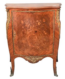 Louis XV style Cabinet, having one door and overall floral inlays and bronze mounts, (one side cracked), height 34 inches, top 17" x 30".