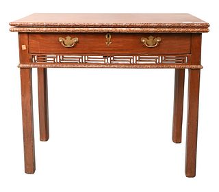 George II Mahogany Games Table, having carved edge and one drawer over pierce carving on squared legs, circa 1780, top is loose, height 29 inches, ope