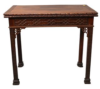 George III Mahogany Game Table, having blind carved frieze and legs, height 29 inches, top 16" x 32 1/2".