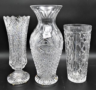 Three Large Waterford Crystal Vases, height 16 1/4 inches, 12 inches, 14 inches.