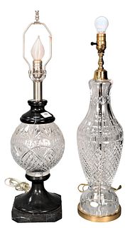 Two Large Waterford Crystal Lamps, one having slate top and bottom, height 28 1/2 inches and 27 inches.