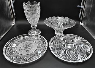Four Piece Waterford Crystal Group, to include large vase, center bowl with flared rim and two large chargers, all maked for Waterford, one signed in 