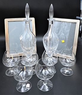 Group of Crystal, to include pair of Christofle bottles with a set of 6 Baccarat brady sniffers, along with two Christofle silverplate frames, bottle 