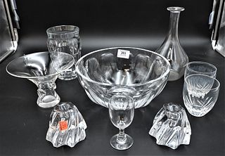 Nine Piece Group of Crystal, to include large Baccarat bowl, pair of candlesticks, bottle, vase, 3 glasses and a Steuben vase (chips), tallest height 
