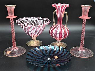 Five Piece Group Lot of Venetian Art Glass, to include pair of candlesticks having twist columns, double handled vase having ruffled rim, ribbon twist
