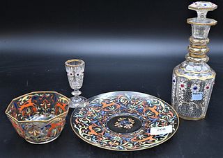 Moser Four Piece Lot, to include a 19th century liquor bottle with footed glass, both with applied beads, along with a bowl with plate, both depicting