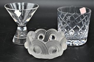 12 Piece Glass Lot, to include set of six Cartier crystal rock glasses, set of five Steuben teardrop cocktail glass along with a lalique dish, rock gl