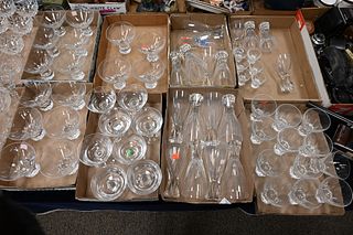 Set of 52 Crystal Stems and Glasses, to include 16 large, 14 champagne, 12 short wine, 6 cordials, 4 small champagne, all marked with the letter P on 