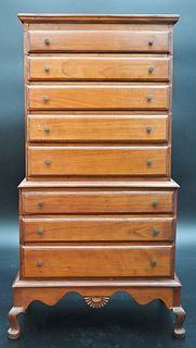 Miniature Cherry Chest on Chest, salesman sample size on Queen Anne pad feet, height 20 1/2 inches, full width 10 3/4 inches.