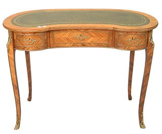 Louis XVI Style Kidney Shaped Desk, having tooled leather top and three drawers with brass mounts, height 29 inches, top 19" x 39".