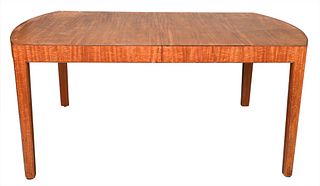Fiddleback Mahogany Dining Table, on square legs with bowed ends, height 29 inches, top 42" x 65 1/2".