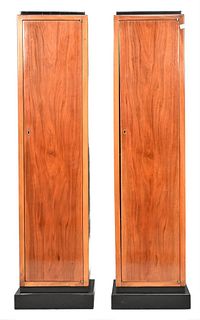 Pair of Contemporary Walnut Pedestals, having ebonized wood top, height 49 1/2 inches, top 10 3/4" x 10 3/4".