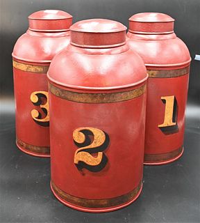 Set of 3 Red Told Tea Canisters, height 17 inches.
