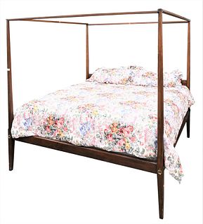 Stephen Van Kohen Custom King Size Canopy Bed, having pencil posts, height 81 inches, length 85 inches, width 81 inches.