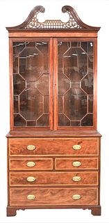 Baker George IV Style Mahogany Secretary Desk, in two parts, upper section with two glazed doors over drop front desk having leather writing surface o