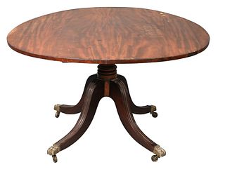 George IV Mahogany Breakfast Tip Table, on four down swept members ending in brass paw feet, circa 1820, diameter 46 1/2" x 47 1/2".
