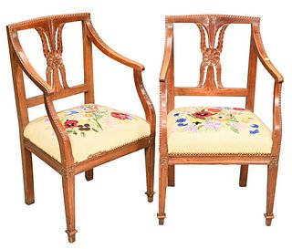 Pair of Continental Mahogany Armchairs, having needle point seats, 19th century, seat height 17 inches.