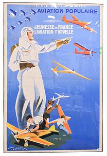 Large Aviation Populaire 1937 Poster, after George Hamel, Ministere De L'Air, Jeunesse de France, L'Aviation T'Appelle, 58" x 39"