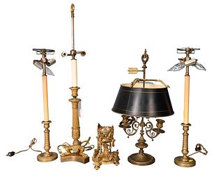Group of Five French Brass and Bronze Items, to include pair of candlesticks, large candle, gilt bronze candlestick on paw feet, bouillotte candle hol