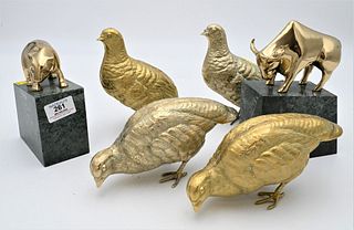 Six Piece Group of Brass Figures, to include four brass quail and a pair of bookends with granite bases and brass animals.