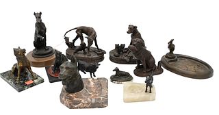 Eleven Piece Lot of Bronzes and Figures, to include four bronzes, one signed Barye, seated dog, height 7 inches; bronze goose with frog and lily pads,