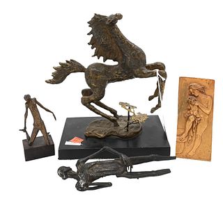 Four Bronzes, to include Bruno Lucchesi (1926) woman and child plaque, signed B.Lucchesi, height 5 5/8 inches, bronze horse signed illegibly, skeleton