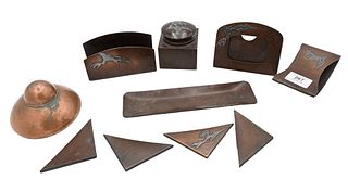 Heinz Arts and Crafts Bronze and Sterling Desk Set, to include calendar frame, envelope holder, blotter ends, copper inkwell, etc, inkwell height 2 3/