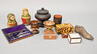 Tray Lot, to include a shoe form, with milagro heart, turned wood container, small tortoise box, Matryoshka doll, etc.