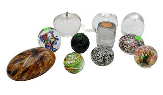 Group of 12 Paperweights, to include Steuben twist, Correia Studios turtle, Charles Sorrels, candy cane twist, frosted bear, Tiffany and Company apple