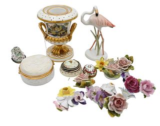 Tray Lot, to include porcelain flower place card holders, Rosenthal flamingo, boxes, etc.