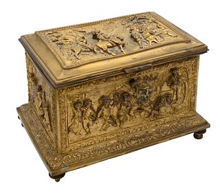 French Gilt Bronze Jewelry Box, having panels depicting figures dancing and eating, marked France, height 3 3/4 inches, top 3 3/4 x 5 1/2 inches.