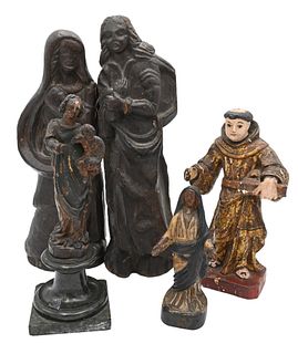 Five Piece Lot of Carved and Polychrome Figures, to include carved Madonna and child figure, figure height 7 inches, Madonna standing in a robe painte