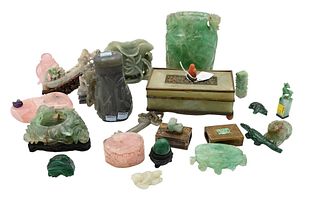 Tray Lot of Chinese Hardstone, to include pink quartz dish, green quartz, vse and brush pot, malachite, etc.